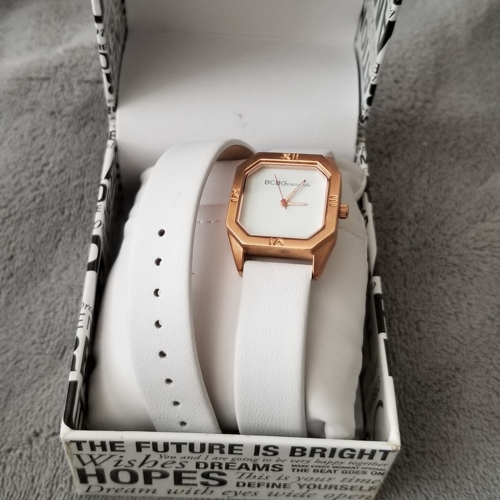 BCBG white rosegold leather wrap watch